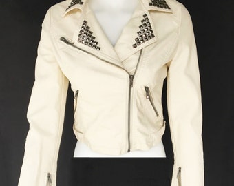 Ambiance cream faux leather studded moto jacket - S