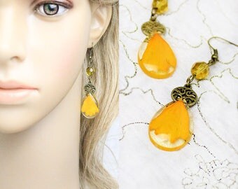 orange earrings sunflower jewelry yellow earrings real flower jewelry key gifts orange jewelry gift/for/her mother gifts key earrings К02