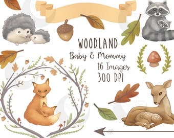 Woodland Clipart Mommy & Baby Forest Animals Cute Nature Watercolor Set - Commercial Use