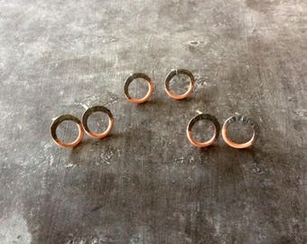 Tiny split personality earrings in copper,copper split personality earrings,half oxidized circle earrings,tiny circle earrings,copper studs