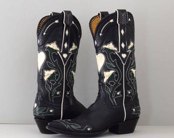 Corazon | vintage western inlay boots with hearts | stallion handmade cowboy boots | women's size 6 6.5