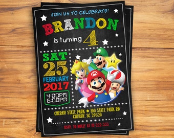Super Mario Birthday Invitation, Chalkboard Super Mario Custom Card, Mario Bros Party Invites, Super Mario Digital Printable Invitation