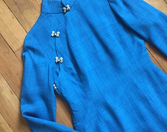 vintage 1960s Cheongsam dress // 60s blue cheongsam wiggle dress