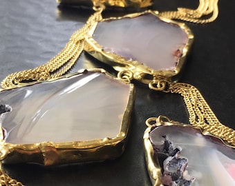 Agate slice necklace; Agate slice; Agate necklace; White agate ; Gray agate
