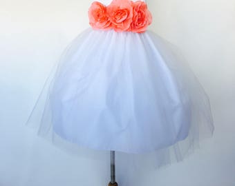 White Flower Girl Dress Coral Floral Belt Photoshoot Gown Wedding Bridesmaid Newborn Toddler Birthday Easter Recital Classic Party Pageant
