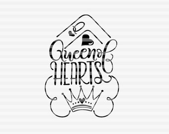 Queen of hearts crown - SVG - PDF - DXF - hand drawn lettered cut file - graphic overlay
