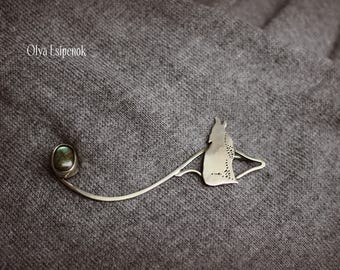 Nickel silver brooch Brooch pin Labradorite gemstone Brooch fox Brooch for sweater Scarf pin Nature brooch Wild animals Shawl pin Wild fox
