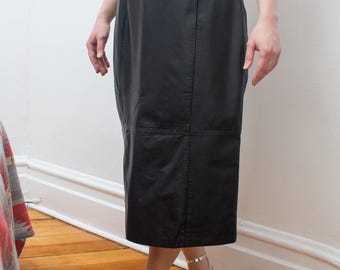 Sexy Leather Skirt Long Below The Knee Panels Tight High Waist Vintage 80s