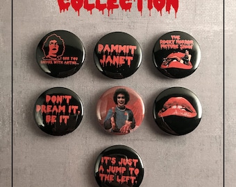 Rocky Horror Picture Show 1” Pinback Buttons -- Set of 7 -- Button Sets, Horror Buttons, Custom Buttons