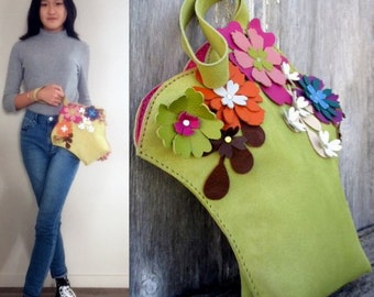 Leather Flower Basket Wristlet Bag by Stacy Leigh