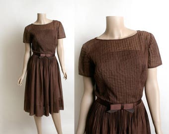 Vintage 1950s Dress - Sheer Cotton Chocolate Brown Pintuck Pleated Overlay Dress - 50s Fashion - Satin Bow Belt - L'Aiglon - Small Medium