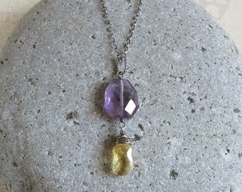 Amethyst Necklace, Citrine Pendant, Oxidized Sterling Silver, February November Birthstone Jewelry
