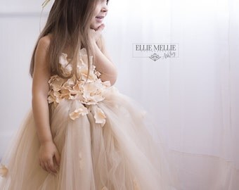 Flower girl dress Champagne Dress Champagne tutu dress, flower top, hydrangea top, toddler tutu dress Cascading flowers