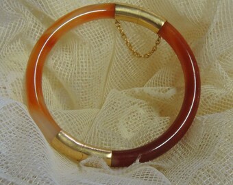 Vintage Carnelian Bangle Bracelet With Safety Chain Closure