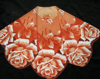 Vintage 16" Scalloped Fall Autumn Giant Roses Floral Wedding Favor, Craft Handkerchief - 9790