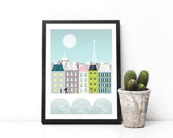Paris Print, Paris Art Print Poster, Eiffel Tower Paris Skyline Wall Art Prints, Paris Cityscape Illustration, Nursery Prints Art. SPPPB1