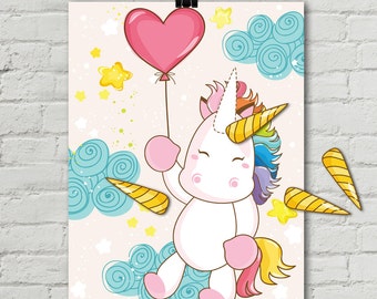 Unicorn Party - Pin the Horn on the Unicorn Game - Magical Unicorn Party, Birthday Party, Rainbow - INSTANT Download PDF - Printable Game