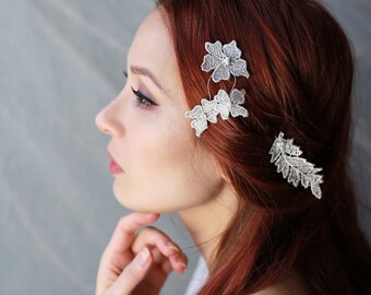 Bridal hair pins, silver hair pin, lace hair clips, gilded headpiece, leafy hair pins, wedding bobby pins, floral clip set, hair accessories