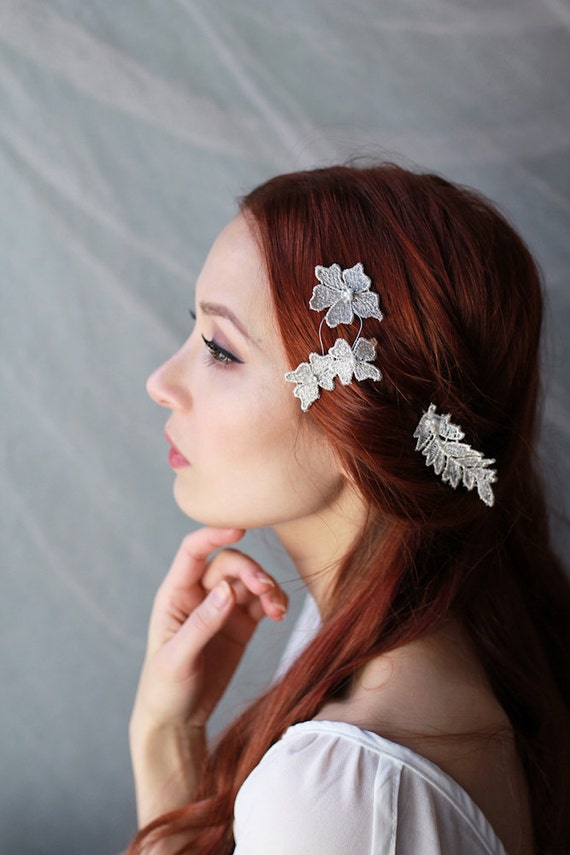 Bridal hair pins silver hair pin lace hair clips gilded