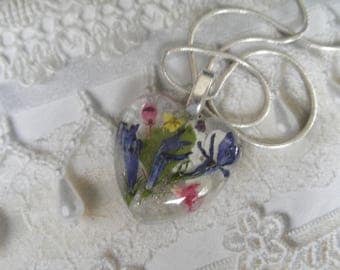 Blue Lobelia,Veronica,Queen Anne's Lace,Snowball Bush,Alyssum,Pink Heather,Ferns Pressed Flower Glass Heart Pendant-Symbolizes Loyalty,Peace