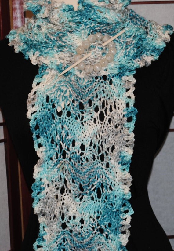 Hand Knit and Reversible Lace and Eyelet Scarf by monroe2830