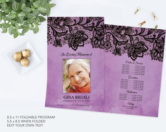 DIY Funeral Program Template ~ Black Lace and Purple Theme, Vintage Memorial Service Program, Final Tribute, Printable Customizable, Elegant