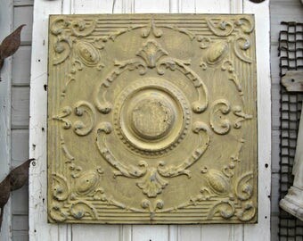 Antique Ceiling Tin Tile. FRAMED. Original 1900's Paint. Architectural salvage from Michigan. Yellow wall decor. Metal tile. Vintage tile.