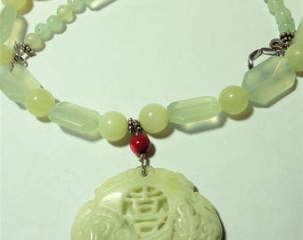 Carved Green White Jadeite Phoenix Dragon Necklace w Serpentine Jade Faceted Prehenite Beads and Carved Ox Bone Beads with Sterling Silver
