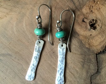 Rustic Turquoise and Sterling Silver Earrings - Hammered Sterling - Dangle Earrings