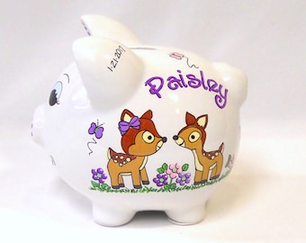 Personalized Piggy Bank with Fawns, Baby Deer