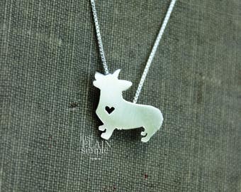 Pembroke corgi necklace, tiny sterling silver hand cut pendant with heart, tiny dog breed jewelry