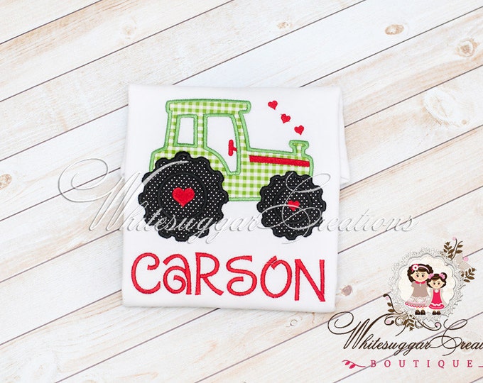 Boys Tractor Shirt with Hearts, Custom Personalized Boy Shirt, Baby Boy Valentine, 1st Valentine's Day Outfit, Heart Truck