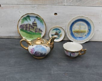 Souvenir Tea Cup, Saucers and Teapot, Mini Tea Cups, Petite Tea Cups