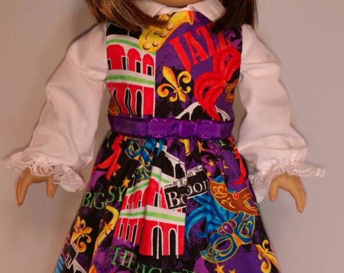 Black dress with new Orleans icons for Mardi Gras parade dress and blouse set fits 18 inch dolls like American girl,