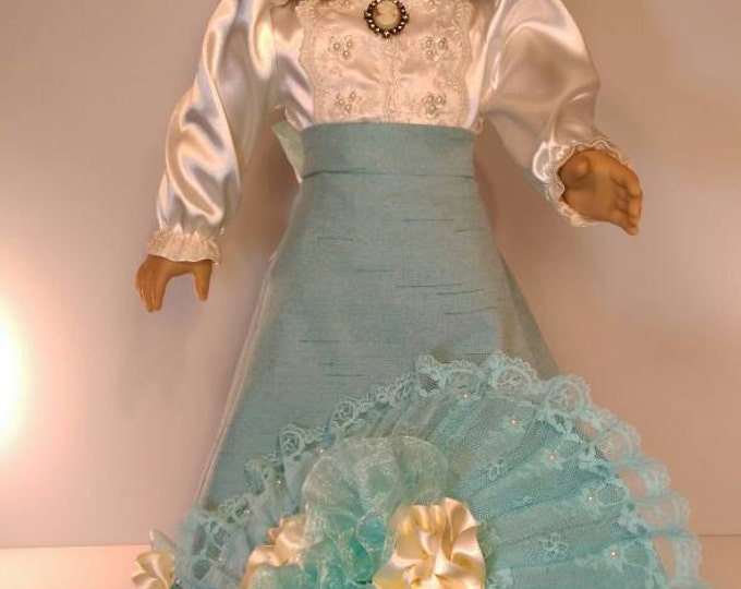 Collectable Aqua Victorian Walking set blouse and parasol, satin skirt with bustle fits 18 inch dolls
