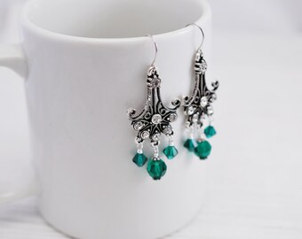 Emerald Earrings, Chandelier Earrings, Victorian Earrings, Romantic Earrings, Emerald Jewelry, Gift for Her, Art Nouveau, Art Deco Earrings