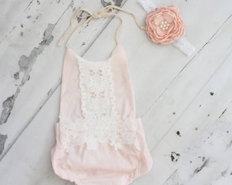 Boho Chic Blush Pink Lace Romper & Headband. Newborn Baby Girl Coming Home Outfit, 1st Birthday Outfit, Summer Set, Mommy Me, Mother's Day