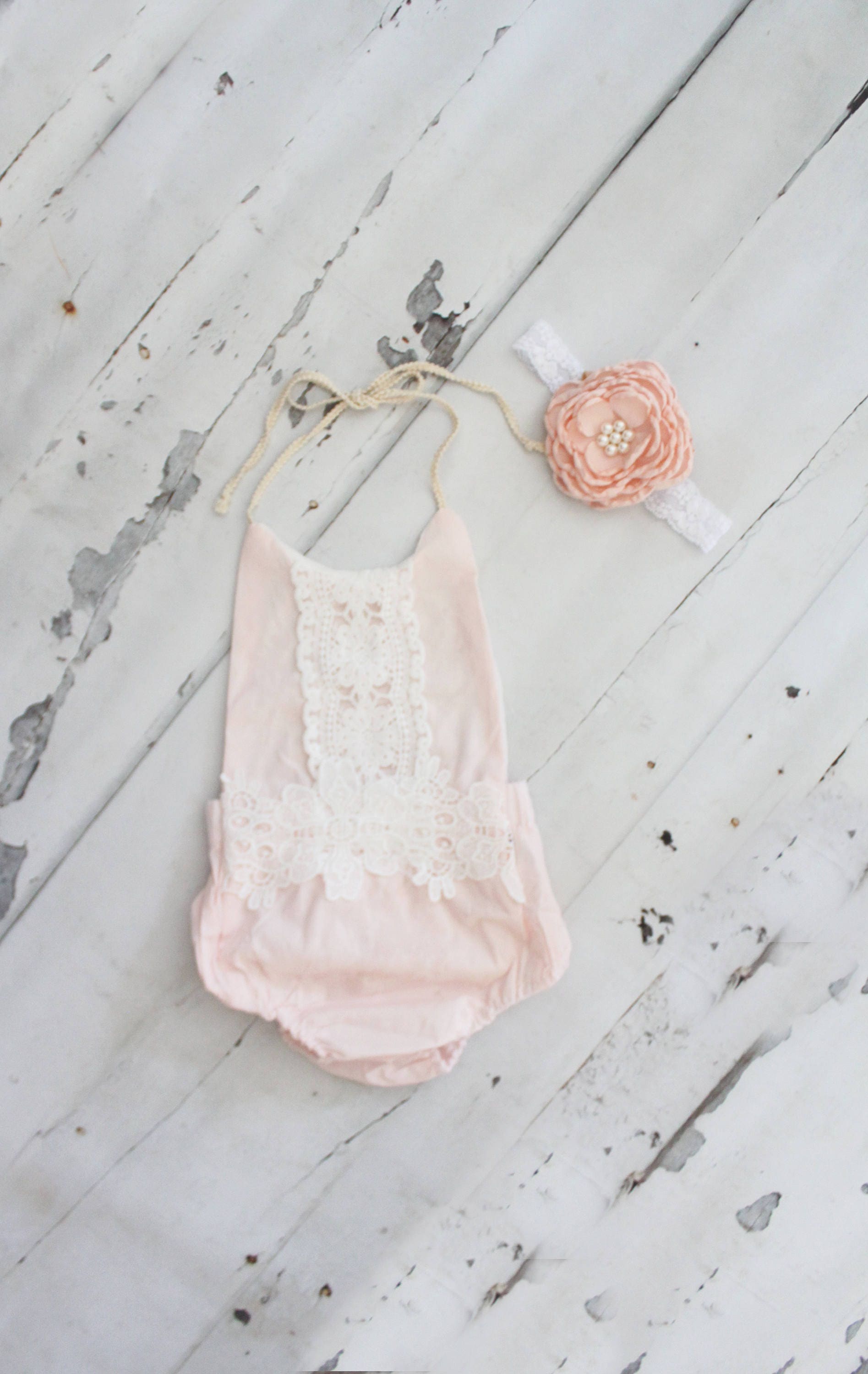 Boho Chic Blush Pink Lace Romper & Headband. Newborn Baby