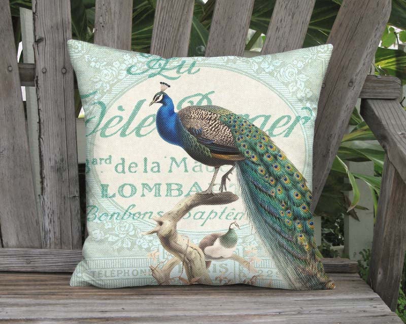 Blue Bird Pillow Cover French Cottage Farmhouse Peacock
