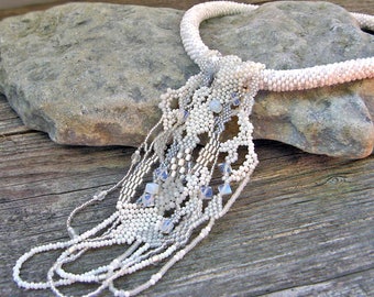 White Freeform Peyote Necklace, Wedding Necklace, Beadwork necklace, Crochet beads rope necklace, wedding jewelry, white jewelry, moonstone