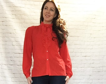 Vintage 80s Vivid Red Lace Tuxedo Ruffled Blouse Top L High Collar Long Sleeve Retro Victorian