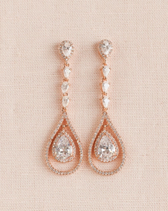 Chandelier Bridal Earrings Rose Gold Wedding jewelry Long