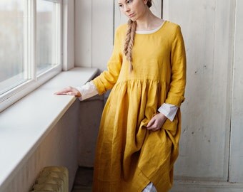 Mustard Linen Dress, Apron Dress, Midi Dress, Yellow Bridesmaid Dress, Smock Dress, Natural Linen Dress, Yellow Gown, Knee Length Dress