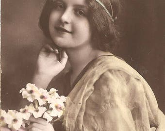 Beautiful Young Edwardian Woman with Flowers Antique French Photo Postcard, Tinted Photo Post Card from Vintage Paper Attic