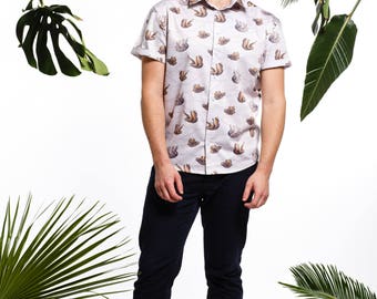 Handmade men's sloth shirt, men's printed shirt
