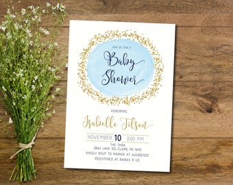 Baby Boy Shower Invitation, Printable, Blue Baby Shower invite - DIY, pink, Modern, baby girl, Watercolor, Simple, gender neutral