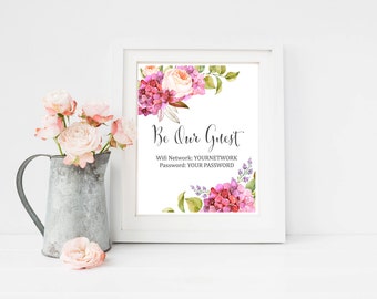 Hydrangea Wifi Printable Sign, Be our Guest Wifi Sign, Wifi Password Printable, Guest Room Sign, Custom Wifi Password Print, Download 401-A