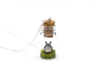 Totoro Bottle Necklace Anime Gift - Miniature Totoro in a tiny 2.5cm glass jar, 16 inch silver plated chain