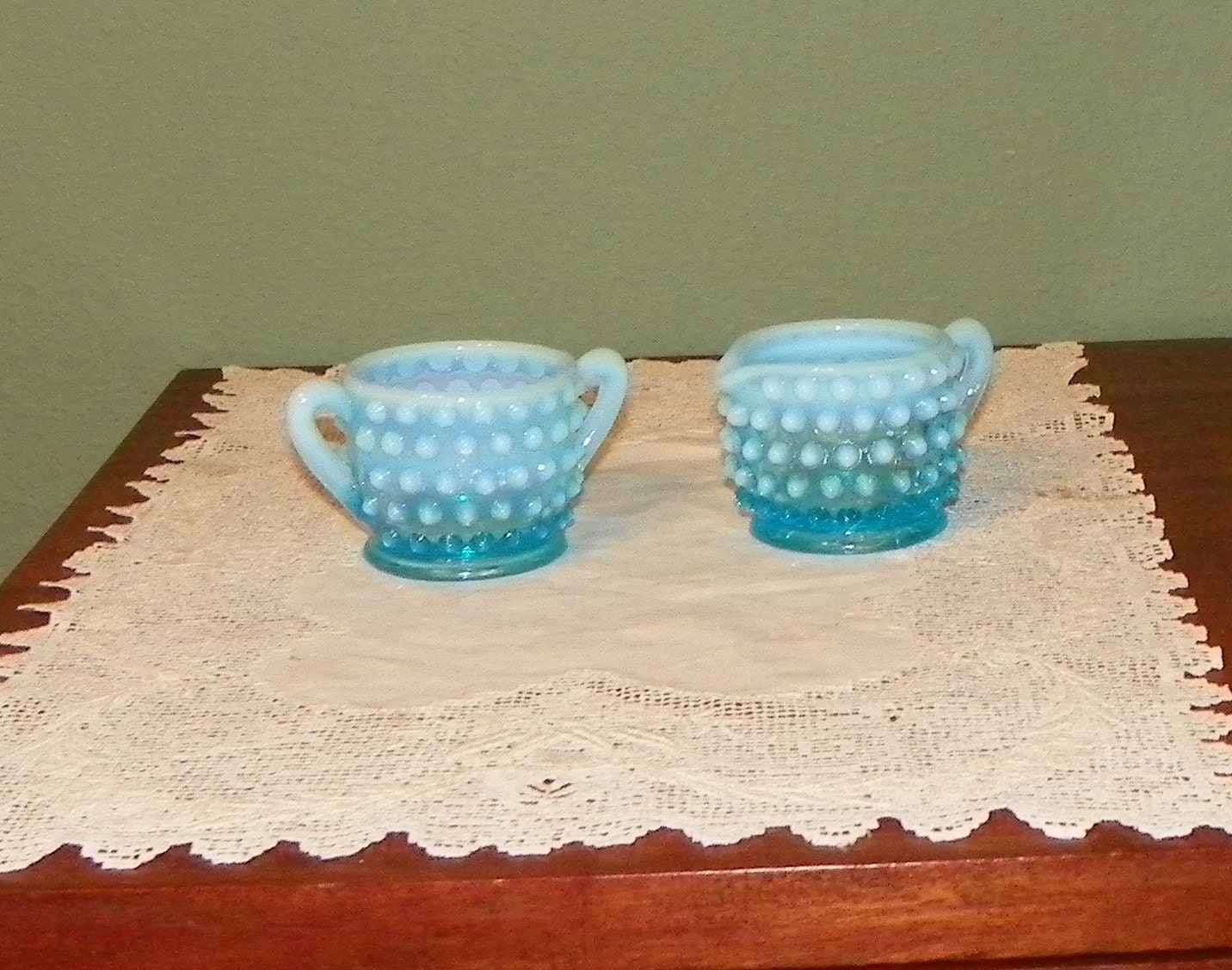 Fenton Hobnail Cream Sugar Creamer Holder blue aqua Glass