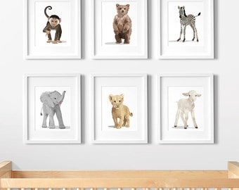Animal Nursery Art, gender neutral nursery decor, Childrens Art - set of six unframed prints - zoo, jungle, woodland animal childrens art